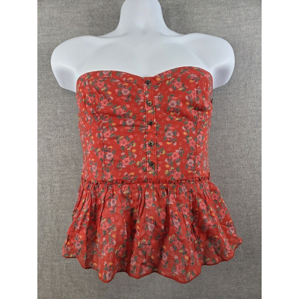 Aerie Babydoll Strapless Smocked Top XL Red Floral Peasant Boho Ruffle NEW